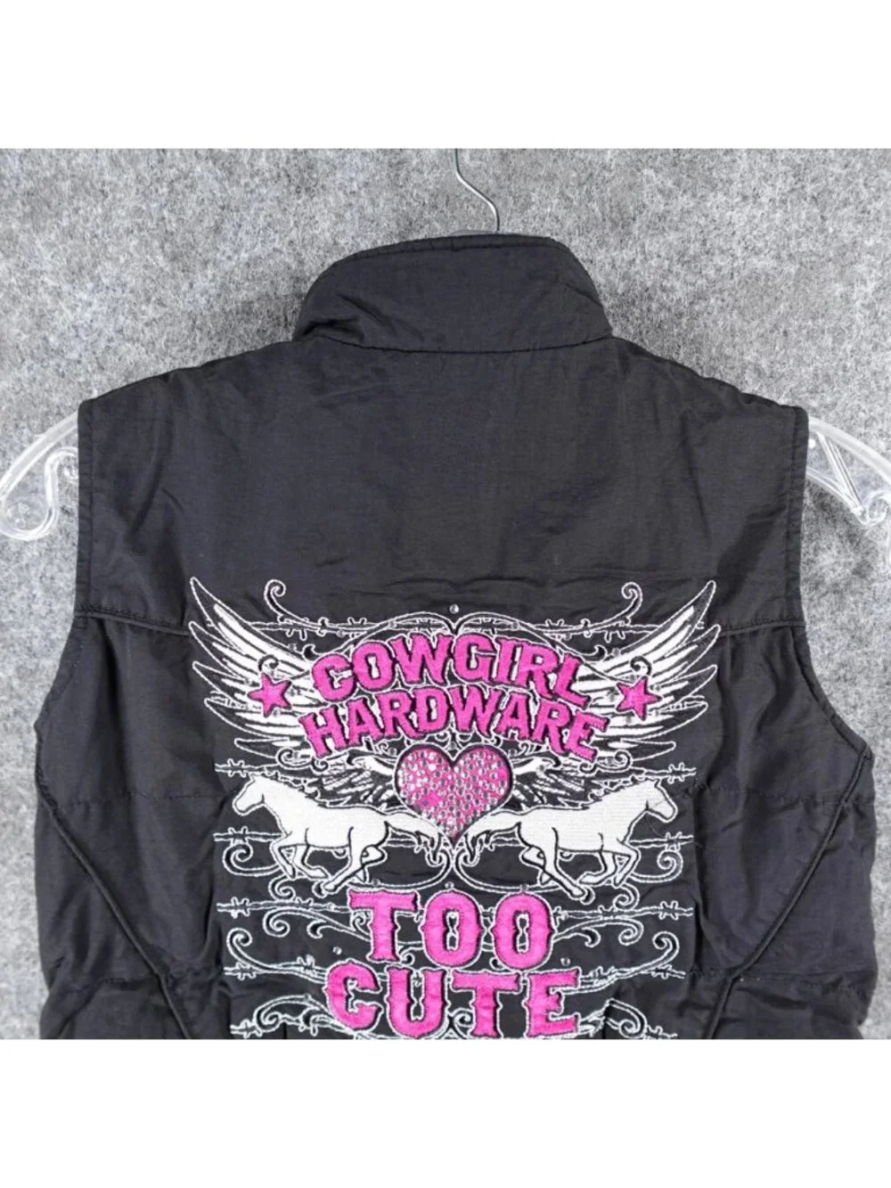 Cowgirl Hardware Puffer Vest Womens S Black Too Cute Embroidery Heart Rhinestone